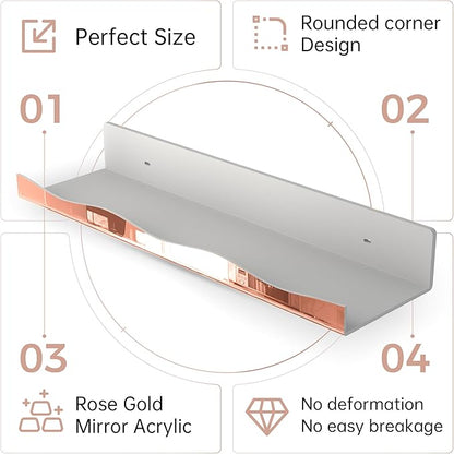 YMVV 15.7 in Large Rose Golden Reflective Acrylic Mounted Floating Shelf, Perfume Organizer Shelf, Modern Bathroom Storage Toy Display Organizer Decor 4 Pack