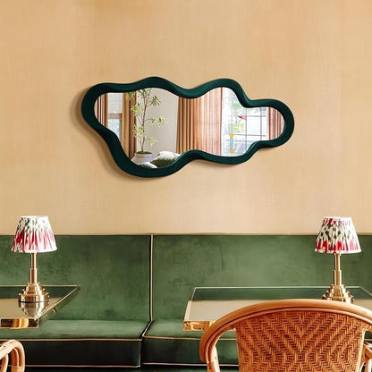 13.8x29.7 Big Decorative Mirror for Girly Bedroom Dresser Decor, Abstract Wavy Wall Mirrors for Home Book Coffee Shop Hotel Decoration, Unique Gift for Birthday Thanksgiving (Dark Green)