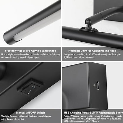 Picture Light for Wall Battery Operated, 16" Rechargeable Art Light with Remote and Timer for Painting, 3 Color Temps, Wireless Wall Light for Display, Artwork, Portrait, Gallery, Black