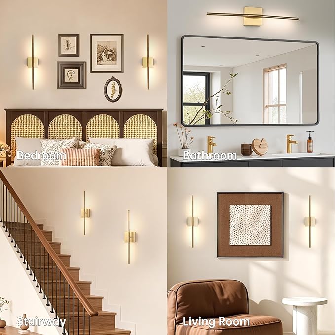 Battery Operated Wall Sconce Set of 2, 8000mAh Wireless Wall Sconces, 3000K-6000K Dimmable, 350°Rotate, Indoor Wall Lights for Bedroom Living Room Bathroom, Gold, 23.6 Inch