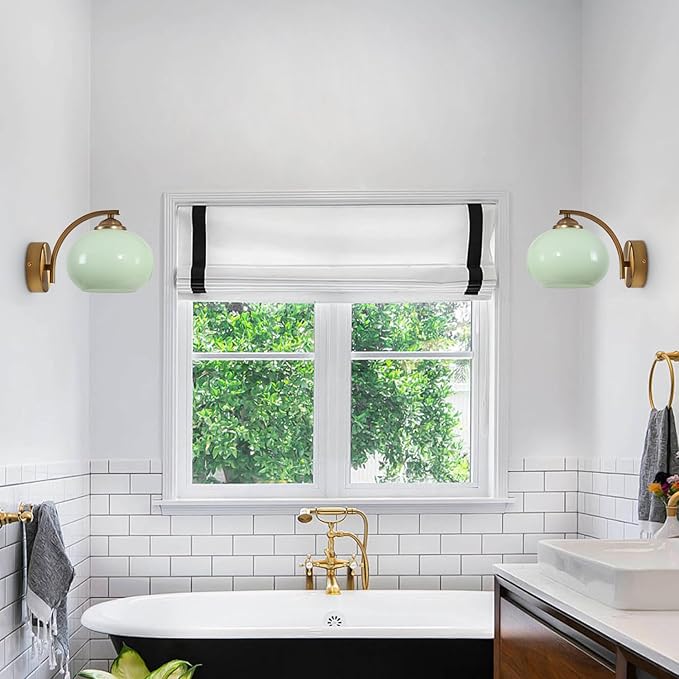 Green Glass Kitchen Sconce Light Brushed Gold Bathroom Vanity Light Vintage Hardwired Wall Sconce Set of 2 Mid Century Modern Wall Lighting