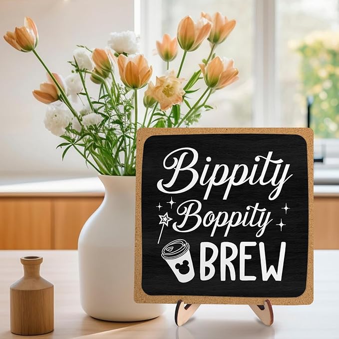 Coffee Bar Sign Plaque Decor,Bippity Boppity Brew Desk Decor for Kitchen,Coffee Bar Accessorie,Cute Wooden Tabletop Plaque, Rustic Farmhouse Shelf Sign for Home or Office Decoration 5.9x5.9Inch (Black)