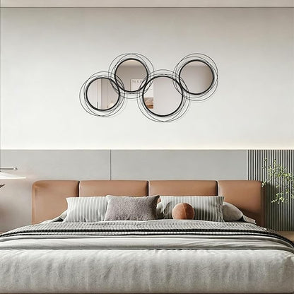 Round Decorative Wall Mirror, Black 4 Pcs Circle Modern Mirror Wall Art Ring Metal Mirrors Wall Mounted for Living Room Bedroom Entryway Dining Room Hallway 16x32 Inch