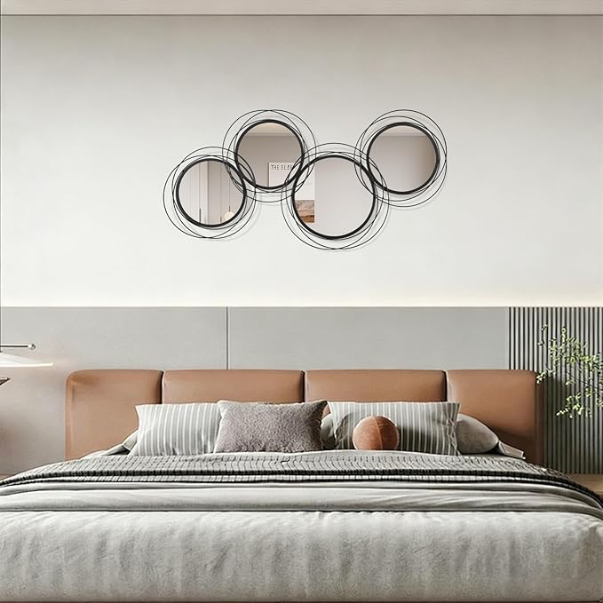 Round Decorative Wall Mirror, Black 4 Pcs Circle Modern Mirror Wall Art Ring Metal Mirrors Wall Mounted for Living Room Bedroom Entryway Dining Room Hallway 16x32 Inch