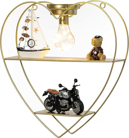 Vintiquewise Heart-Shaped 2-Tier Floating Metal Wall Shelf with Overhead Light Bulb – Decorative Wall-Mounted Shelf for Bedroom, Living Room, Hallway, Bathroom, or Entryway Decor, Gold Finish
