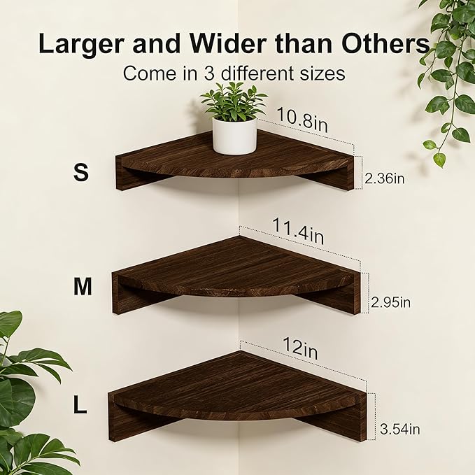 Alsonerbay Corner Shelf Wall Mount, Set of 3 Floating Shelves for Storage and Display, Rustic Wood Shelves for Bedroom, Kitchen, Living Room, Nursery and Office (Dark Brown)