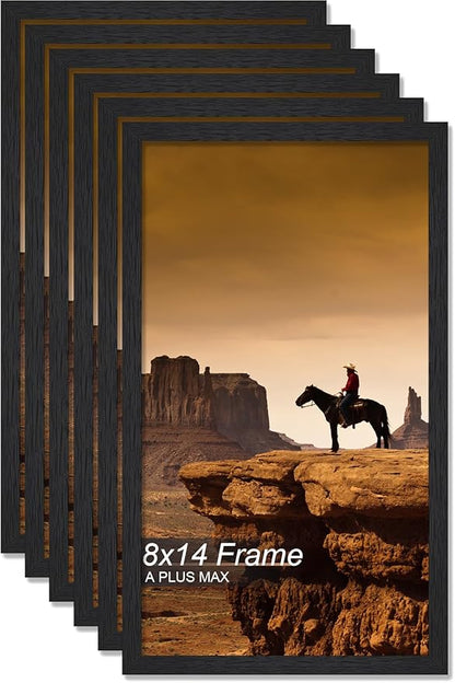 A PLUS MAX 8x14 Picture Frame Set of 6, Black Engineered Wood Frame for 8 x 14 Inch Picture Poster Photo, Light Weight 8 by 14 Frame with Wood-grain for Wall - 6 Pack/Black/8"x14"