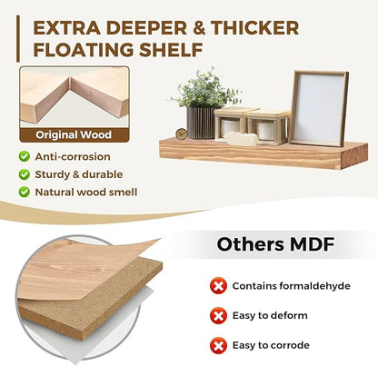 17x8x1.6 inch Floating Shelves Set of 2 – Solid Wood Rustic Oak Wall Mounted Shelf for Kitchen, Bathroom, Living Room