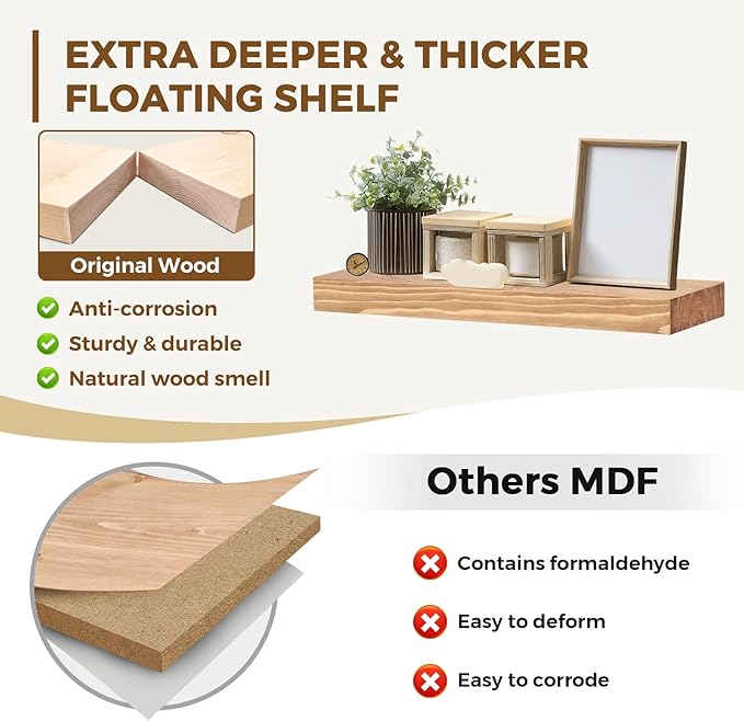 17x8x1.6 inch Floating Shelves Set of 2 – Solid Wood Rustic Wood Wall Mounted Shelf for Kitchen, Bathroom, Living Room