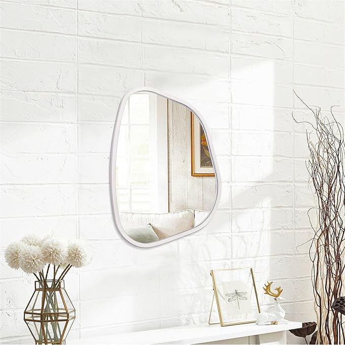 White Irregular Bathroom Mirror Modern Oval Wall Mirror Asymmetrical Wooden Framed Wall Mirror Unique Shape Wall Mounted Vanity Artistic Mirror Decor for Living Room Bedroom Entryway Small 14
