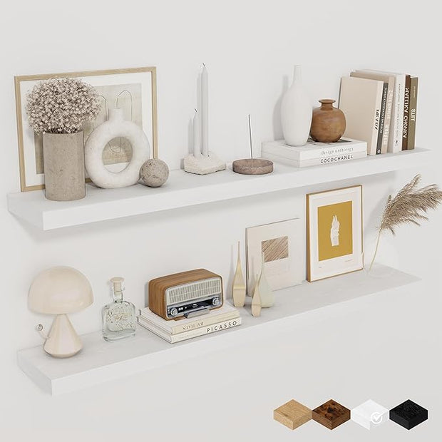 Fun Memories Floating Shelves for Wall, 40 Inch Floating Shelves for Home Decor, Wall Mounted Rustic Wood Shelves, Bathroom, Hanging Deep Shelf for Bedroom, Living Room, Kitchen (White, Set of 2)