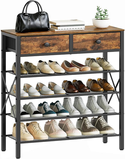 5 Tier Shoe Rack, Large Capacity Shoe Storage Organizer, Metal Shoe Shelf with Drawer and Wooden Top, for 20 Pairs of Shoes, for Entryway, Closet, Rustic Brown and Black SS25BRY1N1