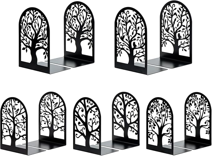 HappyHapi Book Ends, Metal Bookends for Shelves, Modern Tree Book Ends Decorative, Heavy Duty Book Holders Book Stoppers for Home Office Decor, 6.9"x4.7"x3.5" (5 Pairs/10 Pcs)