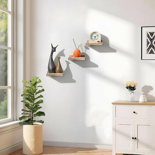Z metnal Mini Floating Shelves, Small Natural Wooden Display Wall Shelf for Picture Ledge, Pawlownia, Wall Mounted, Light Brown, 6 x 5.5inch, 3 Pack