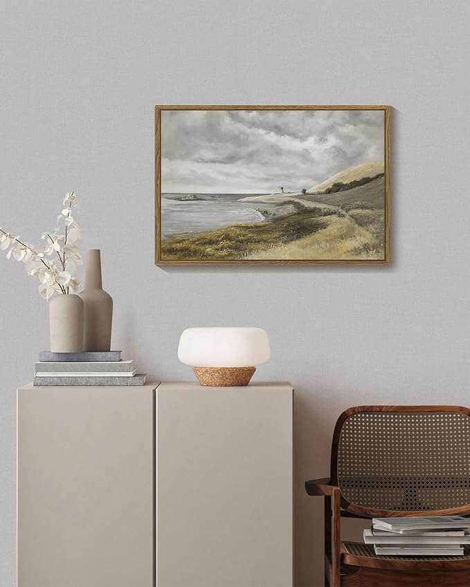 SHENIFY 16x24in Large Coastal Framed Canvas Wall Art Vintage Landscape Seascape Classic Hallway Bedroom Bathroom Living Room Decor - Natural Framed