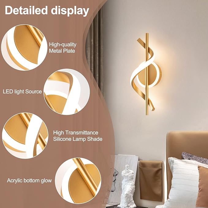 LED Wall Sconces Indoor, 12W LED Wall Mount Lights, Modern Spiral Wall Lamp, 3000K Wall Light Fixture for Stairs, Living Room, Bedroom, Aisle, Hallway (Warm White, Gold)