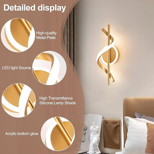 LED Wall Sconces Indoor, 12W LED Wall Mount Lights, Modern Spiral Wall Lamp, 3000K Wall Light Fixture for Stairs, Living Room, Bedroom, Aisle, Hallway (Warm White, Gold)