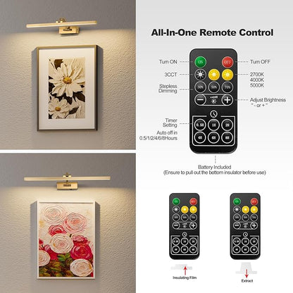 Wireless Picture Lights for Wall,23.5 Inch Brass Art Light for Paintings,Battery Operated Picture Lights with Remote Control,Dimmable Rechargeable Art Lamps for Picture Frame,Gallery