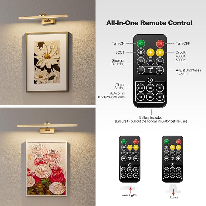Wireless Picture Lights for Wall,23.5 Inch Brass Art Light for Paintings,Battery Operated Picture Lights with Remote Control,Dimmable Rechargeable Art Lamps for Picture Frame,Gallery