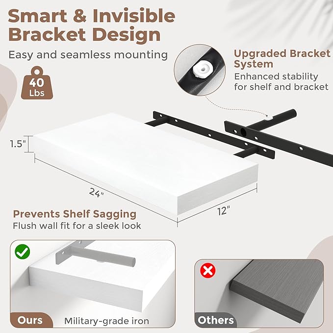 24 Inch Floating Shelves for Wall Set of 2, 12