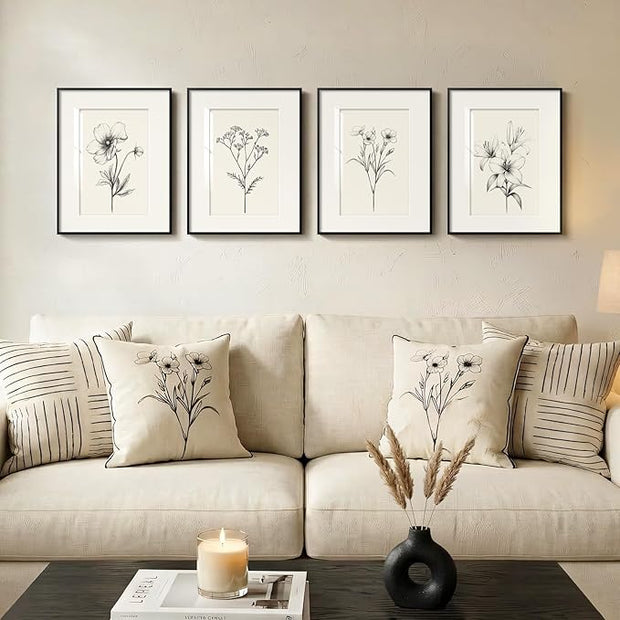 Framed Vintage Botanical Wall Art Set, 4 Piece Minimalist Black and White Floral Prints Artwork for Walls, Neutral Flower Pictures for Modern Farmhouse Bedroom Living Room Bathroom Wall Decor, 12x16