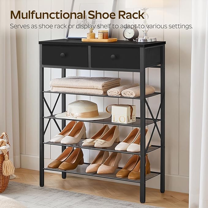 5 Tier Shoe Rack, Large Capacity Shoe Storage Organizer, Metal Shoe Shelf with Drawer and Wooden Top, for 20 Pairs of Shoes, for Entryway, Closet, Black SS25BB