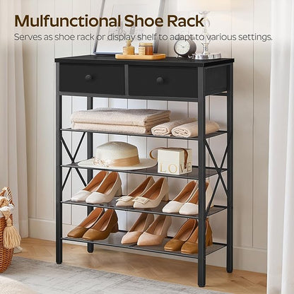 5 Tier Shoe Rack, Large Capacity Shoe Storage Organizer, Metal Shoe Shelf with Drawer and Wooden Top, for 20 Pairs of Shoes, for Entryway, Closet, Black SS25BB