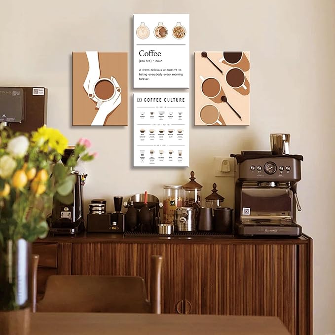 NCYEL 4pcs Modern Minimalist Coffee Wall Art Kitchen Coffee Shop Pictures Simple Home Decor Aesthetic Posters Neutral Brown and Beige Bar Decor 12x16 Inch