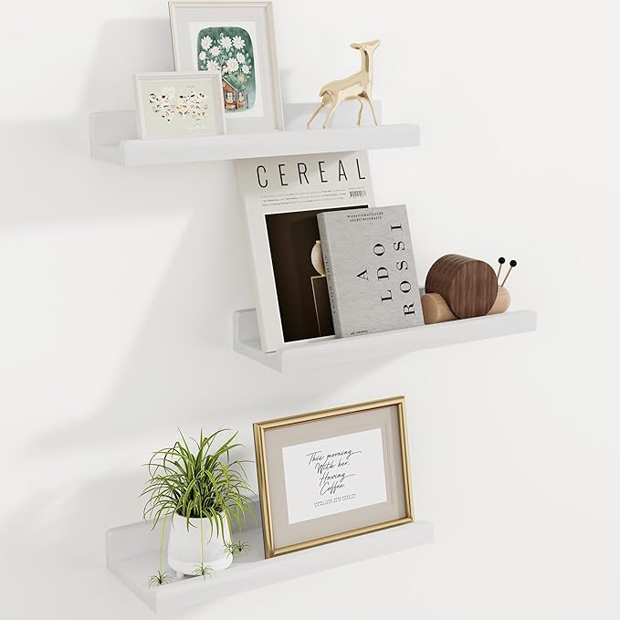 Floating Shelves for Wall, 16 inch Solid Wood Picture Ledge Shelf for Wall Storage, Nursery Book Shelves with Lip for Living Room Bathroom Bedroom Kitchen, Set of 3, Washed White
