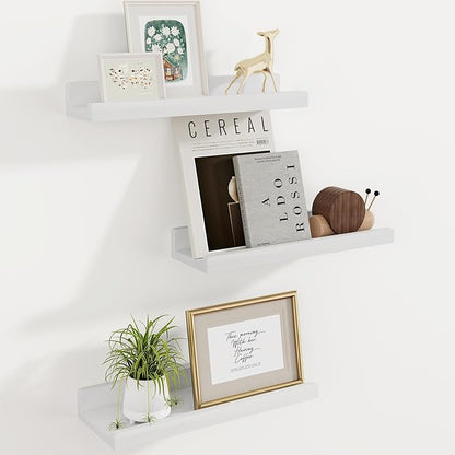 Floating Shelves for Wall, 16 inch Solid Wood Picture Ledge Shelf for Wall Storage, Nursery Book Shelves with Lip for Living Room Bathroom Bedroom Kitchen, Set of 3, Washed White