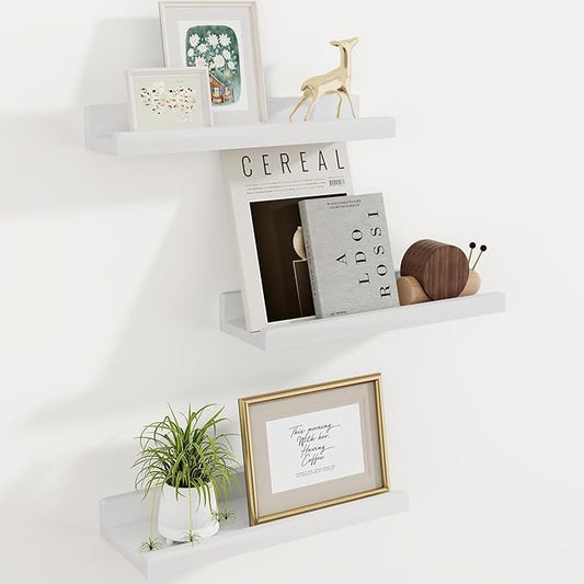 Floating Shelves for Wall, 16 inch Solid Wood Picture Ledge Shelf for Wall Storage, Nursery Book Shelves with Lip for Living Room Bathroom Bedroom Kitchen, Set of 3, Washed White
