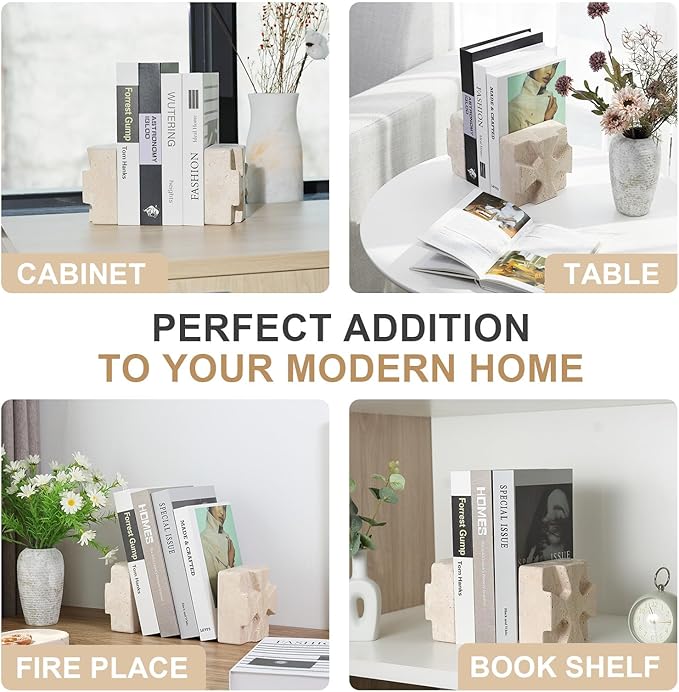 Decorative Square Marble Bookends for Heavy Books – Unique Book Ends for Shelves – Modern Aesthetic Book Holder/Stopper with Non-Slip Pads for Chic Home, Office, or Library Decor(Travertino Turkey)