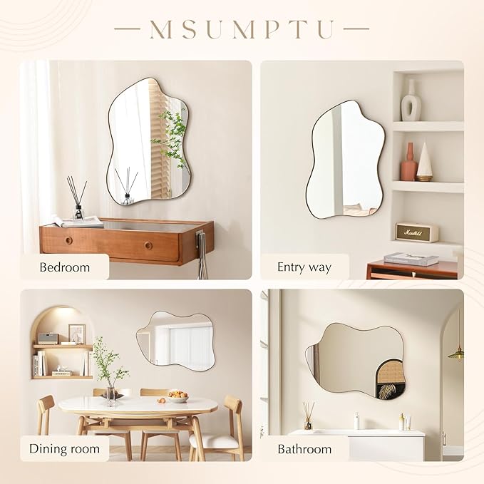 Irregular Wall Mirror Brass Wave Shaped Metal Framed Wall Mirror for Bathroom Bedroom Entryway Living Room Wall Decor 34