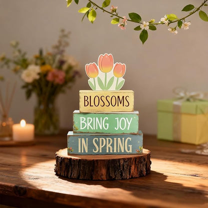 Spring Decoration Wooden Tiered Tray Decor – Tulip Blossoms Spring Stacked Block Sign with Floral Accent – Farmhouse Tabletop Spring Decor for Shelf Mantel Seasonal Home Display