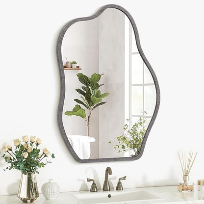 Irregular Wood Frame Asymmetrical Wall Mirror - Modern Unique Cloud Wall Mirror - Decorative Vanity Bathroom Living Room Bedroom Entryway Hallway Artistic Mirror - 26"x18"