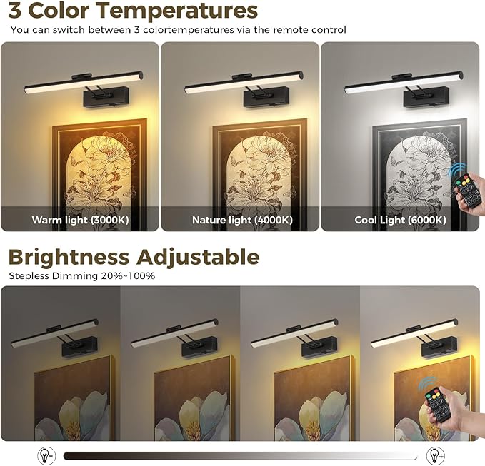 JUSHENG Black Picture Lights for Wall Battery Operated Gallery Lights 3CCT Dimmable Art Lamp Wireless Painting Lights for Display, Portraits 15.35'' Inch 3W