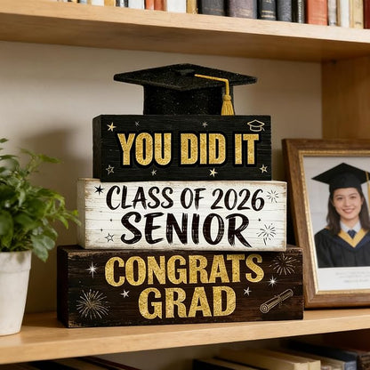 2026 Graduation Table Decorations Class of 2026 Senior Tiered Tray Decor Wooden Hat Block Signs Farmhouse Congrats Grad Tabletop Party Centerpiece for Tables Wooden Sign for Home Decor
