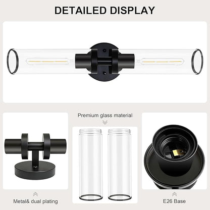 Black Wall Sconces, Set of 2, 22'' Modern Vanity Lights Fixture for Bathroom with Clear Glass, Wall Sconces Lighting, for Living Room/Bathroom Hallway Mirror/Bedroom (Bulbs Not Included)