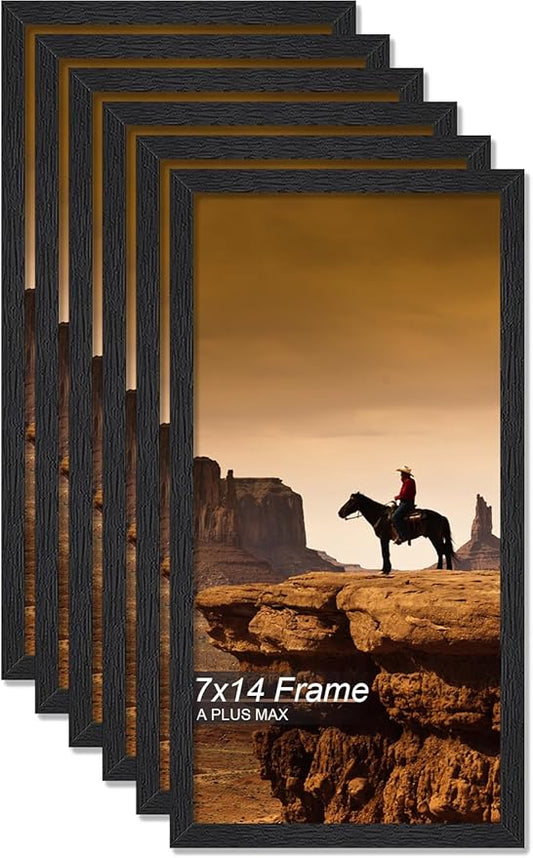 A PLUS MAX 7x14 Picture Frame Set of 6, Black Engineered Wood Frame for 7 x 14 Inch Picture Poster Photo, Light Weight 7 by 14 Frame with Wood-grain for Wall - 6 Pack/Black/7"x14"