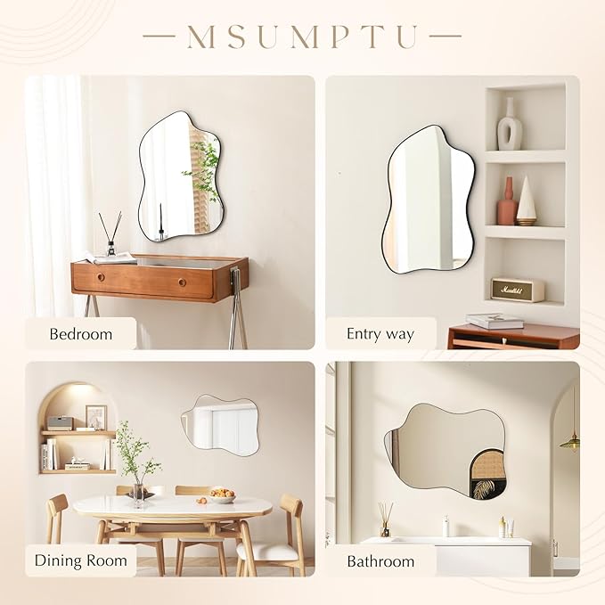 Irregular Wall Mirror Black Wave Shaped Metal Framed Wall Mirror for Bathroom Bedroom Entryway Living Room Wall Decor 30.5