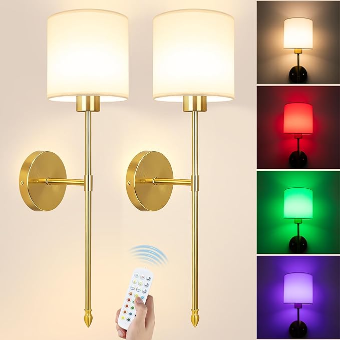 Battery Operated Wall Sconce Set of Two, 15 Colors Rechargeable Wall Lamp with Dimmable Bulbs and Remote, Gold Wireless Wall Sconce for Bedroom Living Room Hallway