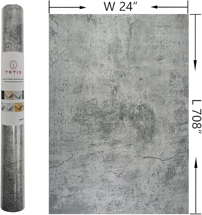 TOTIO Wide Grey Concrete Wallpaper Peel Stick 24x708inch Matte Thicken Waterproof Adhesive Dark Gray Cement Textured Contact Paper Vinyl Wall Paper for Store Rental House Industrial Style Cement Gray