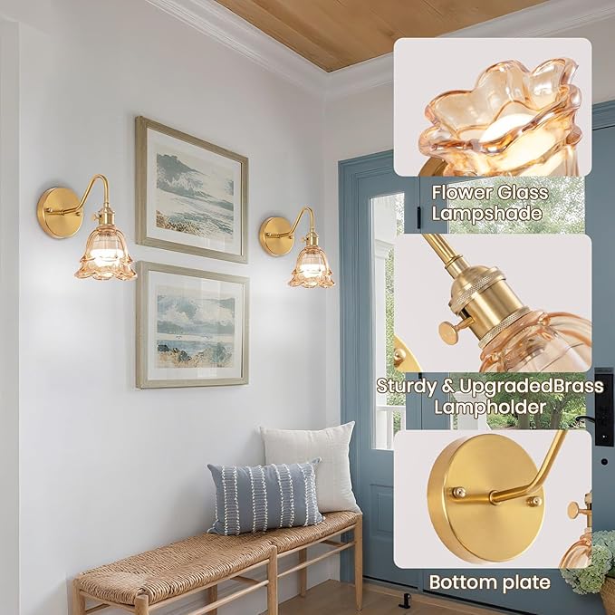 Vintage Battery Operated Wall Sconce, Rechargeable Wireless Wall Sconces with Remote Control, Indoor Wall Light Amber Glass Lampshade with RGB Dimmable for Bedroom, Living Room, Set of Two