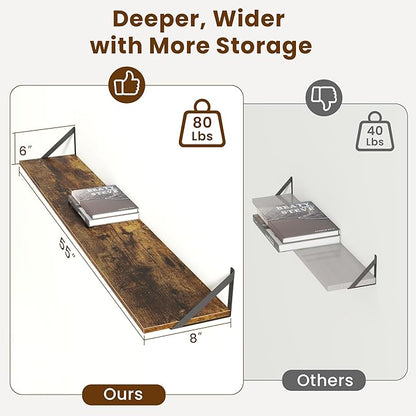 55" Long Wall Mounted Floating Shelves,8 inch Deep Floating Shelf with Metal Brackets Set of 2,Easy-to-Install Wall Decor Storage Ledges for Living Room,Bathroom,Bedroom,Kitchen,Office,Rustic Brown