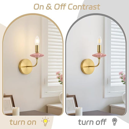 Modern Retro Wall sconces Set of Two with Pink Ceramic Flower Decoration,Brushed Gold Wall Lights, Hardwired Vintage Vanity Light for Bathroom, Living Room, Bedroom, and hallways.