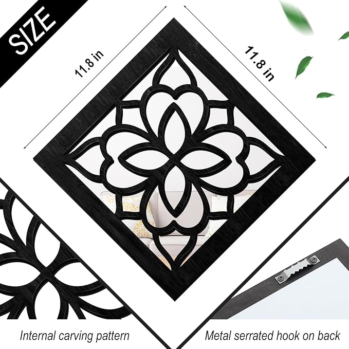 2 PCS Square Wall Mirror,Rustic Farmhouse Wall Mirrors,12 inch Small Mirror Art (style2 Black)