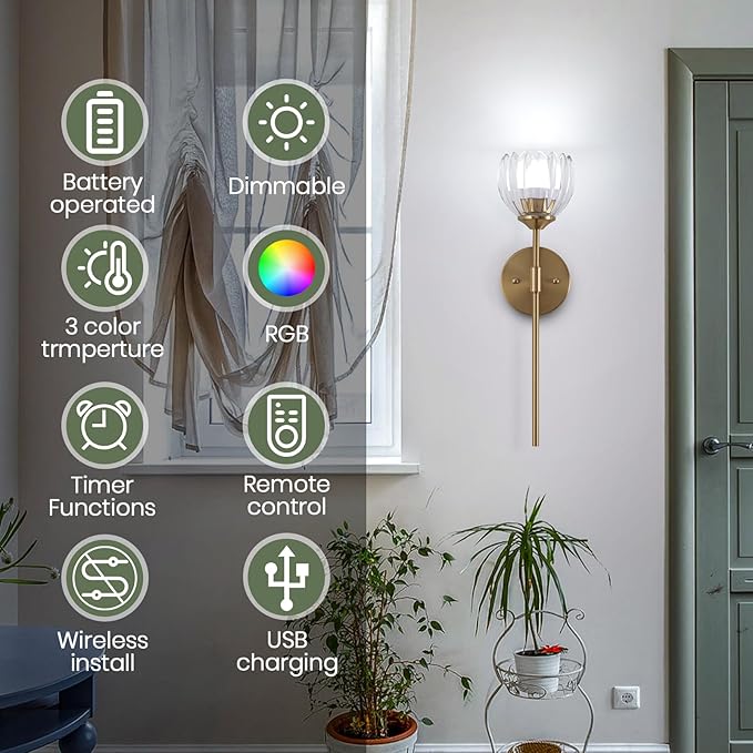 Vintage Battery Operated Wall Sconce Set of 2,Rechargeable Wall Lights with RGB Dimmable Detachable Bulbs and Remote,LED Wireless Wall Lamps for Bedroom Living Room Hallway