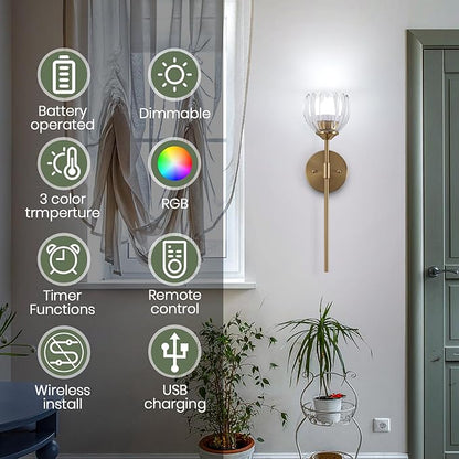 Vintage Battery Operated Wall Sconce Set of 2,Rechargeable Wall Lights with RGB Dimmable Detachable Bulbs and Remote,LED Wireless Wall Lamps for Bedroom Living Room Hallway