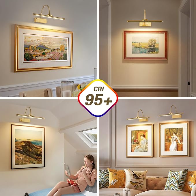 JOOSENLUX Rechargeable Picture Light with Remote Control - 3 Color Temperatures, Timer, Flexible Neck for Artwork & Piano Lighting, 5000mAh Battery, Brass Finish 2700K CRI95+