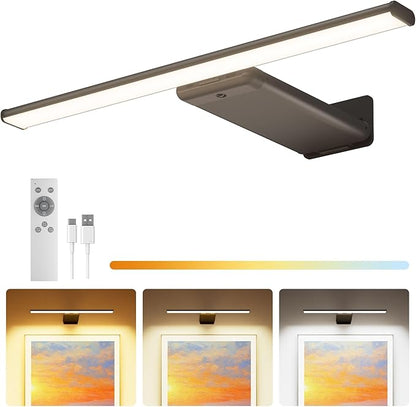 Picture Light for Wall Rechargeable Art Light with Remote, 3 Colors & 5 Brightness Levels, 12000mAh Battery Operated Lights for Pictures, Gallery, Bedroom, Hallway, Frame, Living Room (Black,1 Pack)
